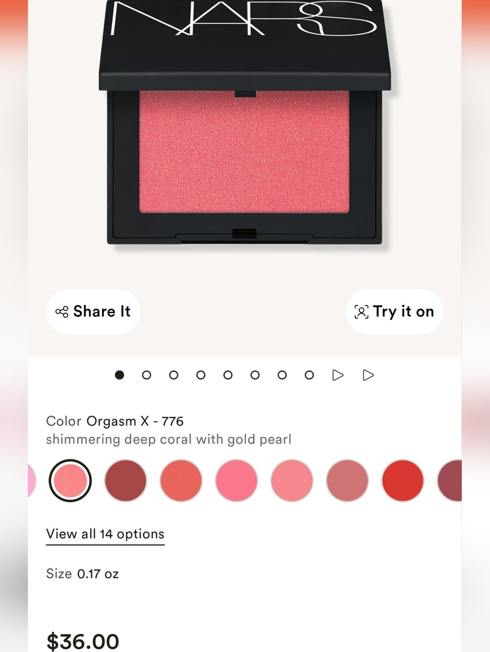 NARS Orgasm X Shimmering Deep Coral Blush with Gold Pearl